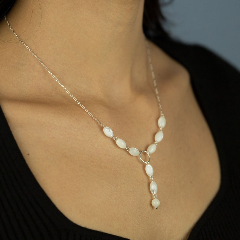 Mother of Pearl Jewelry Set 1 Lariat Necklace Beaded Bracelet Dangle Drop Earrings Sterling Silver Jewelry White Mother of Pearl image 4