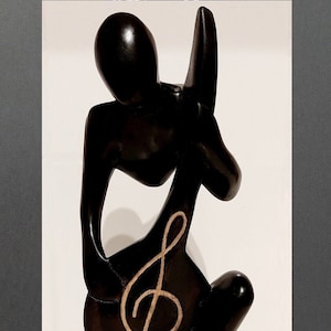 African wooden statuette, ebony wooden statuette, ebony wooden musician statuette, African black wooden musician, ebony wooden kora player