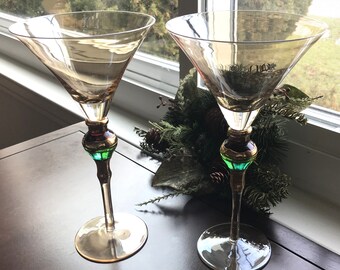 Z Gallerie 10" Large Stemware Light Amber Gold Sheen Martini Glass Beaded Green Stem Wedding Christmas Decor New Year