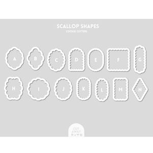 Puede incluir: Colección de cortadores de galletas blancos con forma de vieira en varias formas, incluyendo ovaladas, rectangulares y de diamante. El texto "SCALLOP SHAPES COOKIE CUTTERS" está en la parte superior. Cada cortador está etiquetado con una letra de la A a la N.