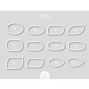 May include: A set of 12 white oval cookie cutters labeled with letters A through L. The cookie cutters are arranged in three rows of four. The image has the text "OVAL COOKIE CUTTERS" at the top.