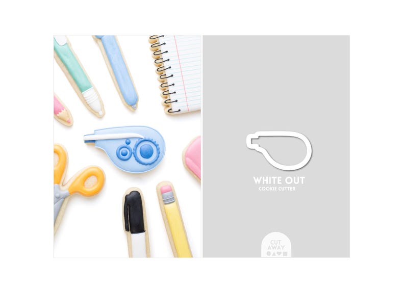May include: A white plastic cookie cutter shaped like a correction tape dispenser, labeled "WHITE OUT COOKIE CUTTER" in white text on a gray background, alongside various school supply-shaped cookies including pens, scissors, and a notebook.