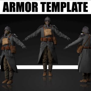 May include: 3D render of an armor template. The figure is wearing a long grey coat, a helmet, and a mask. The figure has brown pouches and a belt. The text "ARMOR TEMPLATE" is at the top of the image.