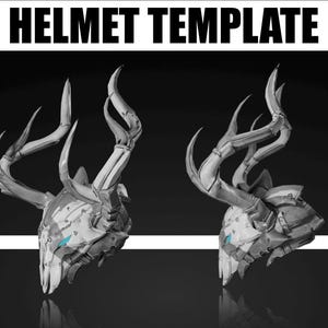 Könnte beinhalten: Zwei grau-weiße Helmvorlagen mit geweihartigen Strukturen. Die Helme haben ein geometrisches Design mit blauem Akzent. Der Text "HELMET TEMPLATE" befindet sich oben im Bild.