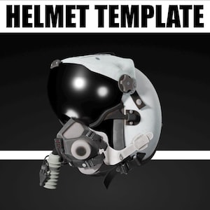 Può includere: Un casco bianco e nero con una visiera scura e un respiratore. Il testo "HELMET TEMPLATE" in grassetto e nero è in alto. Il casco è posto su uno sfondo scuro.