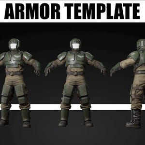 May include: A military armor template in three views. The armor is olive green and tan, with a helmet, shoulder pads, and knee pads. The text "ARMOR TEMPLATE" is at the top of the image.