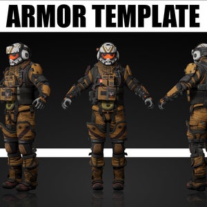Puede incluir: Un modelo 3D de una plantilla de armadura futurista con un casco, una pieza de pecho y una armadura de pierna. La armadura es una combinación de colores negro, marrón y naranja. El modelo se muestra desde tres ángulos diferentes.
