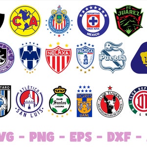 May include: A collection of 18 colorful logos for Mexican soccer teams. The logos are arranged in a grid pattern and feature a variety of designs, including animals, flags, and geometric shapes.