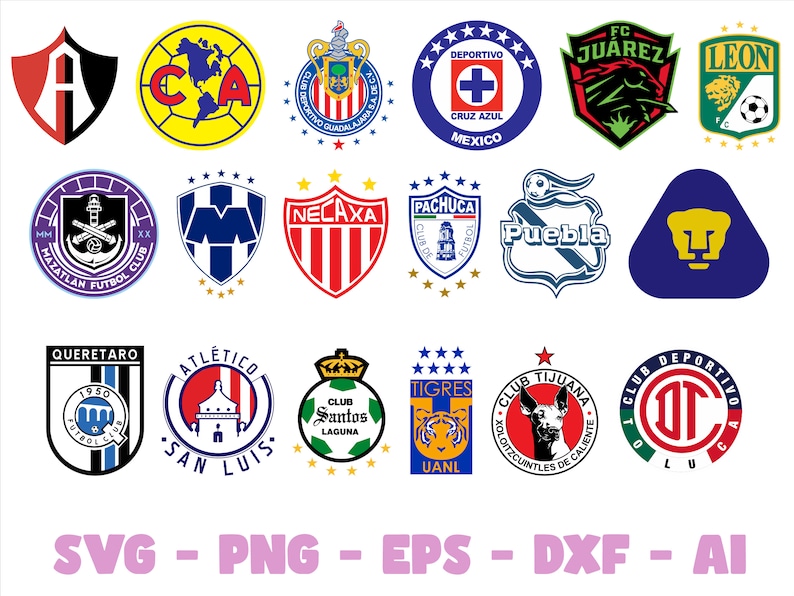 May include: A collection of 18 colorful logos for Mexican soccer teams. The logos are arranged in a grid pattern and feature a variety of designs, including animals, flags, and geometric shapes.
