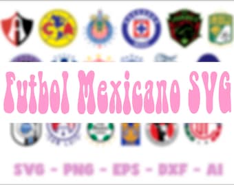 May include: A digital illustration of the text "Futbol Mexicano SVG" in pink with a retro, wavy font style. The text is surrounded by blurred images of soccer team logos.