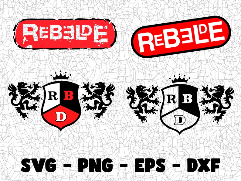 May include: Black and white crest with a red, white, and black shield. The shield has the letters "R", "B", and "D" on it. The crest is flanked by two black lions. The words "REBELDE" are written in red on a white background.