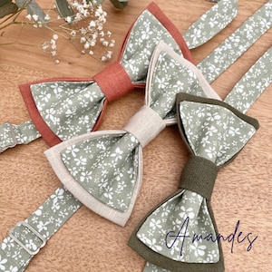 Khaki green bow tie with small flowers - Almonds