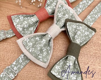 Khaki green bow tie with small flowers - Almonds
