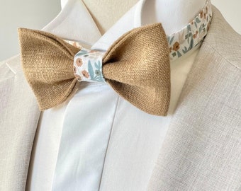 Olive bow tie / rustic wedding / boho / ceremony / brown flowers / leaves / beige / linen / Man / Child / Baby