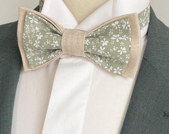 Sage green bow tie with small flowers - Almonds