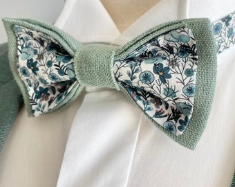 Liberty style small flower bow tie/ blue/ green/ wedding/ baptism/ rustic/ boho/ ceremony/ beige/ linen/ Man/ Child/ Baby
