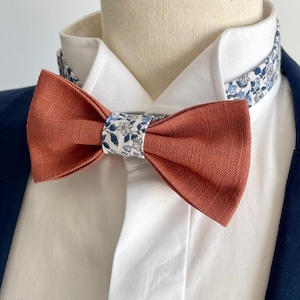 Terracotta bow tie / rustic wedding / boho / ceremony / blue small flowers / linen / floral / Man / Child / Baby