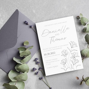 Floral Wedding Collection Einladung - Print und elektronisch - Zeichnung - schwarz minimalistisch - Vorlage Download, bearbeitbar, druckbar, Frühling