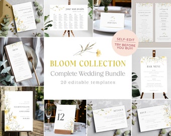 Collezione Bloom Floral Wedding - Pacchetto grande, invito e modello di set fisso scaricabile, modificabile, stampabile, primavera