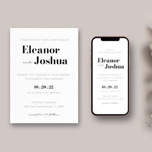 Pu&ograve; includere: Un invito di nozze con sfondo bianco e testo nero. L'invito recita "Insieme alle loro famiglie amorevoli, Eleanor e Joshua vi invitano a celebrare il loro matrimonio il 10.20.22 alle 14:30 presso i Pinecrest Gardens, 1000 Red Road Pinecrest, FL 33156. Seguir&agrave; un ricevimento."