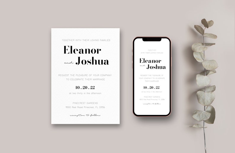 Pu&ograve; includere: Un invito di nozze con sfondo bianco e testo nero. L'invito recita "Insieme alle loro famiglie amorevoli, Eleanor e Joshua vi invitano a celebrare il loro matrimonio il 10.20.22 alle 14:30 presso i Pinecrest Gardens, 1000 Red Road Pinecrest, FL 33156. Seguir&agrave; un ricevimento."