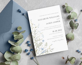 Blue Floral Collection - wedding invitation - print and digital  - spring floral indigo - Template Download, Editable, Printable, Spring