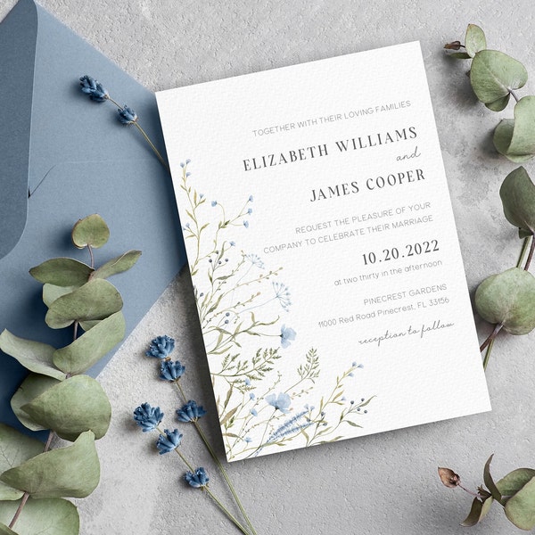 Blue Floral Collection - wedding invitation - print and digital  - spring floral indigo - Template Download, Editable, Printable, Spring