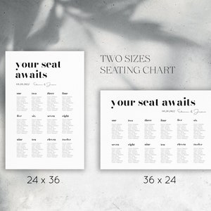 Pu&ograve; includere: Due modelli di plan de table di matrimonio stampabili in bianco e nero. Il primo modello misura 61 cm per 91 cm e il secondo modello misura 91 cm per 61 cm. Entrambi i modelli presentano il testo "your seat awaits" e la data "10.20.2022".