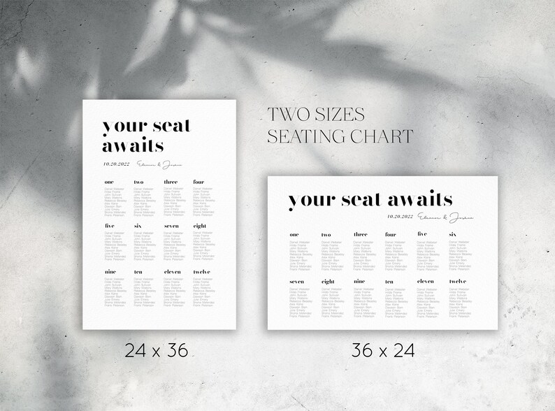 Pu&ograve; includere: Due modelli di plan de table di matrimonio stampabili in bianco e nero. Il primo modello misura 61 cm per 91 cm e il secondo modello misura 91 cm per 61 cm. Entrambi i modelli presentano il testo "your seat awaits" e la data "10.20.2022".