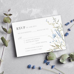 Blaue Blumenkollektion - Hochzeitseinladung + Antwortkarte - print und digital - Vorlage - Download, bearbeitbar, Frühling