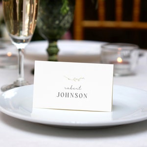 Puede incluir: Una tarjeta de lugar blanca con una pequeña rama de vegetación y el nombre "robert JOHNSON" impreso en gris.