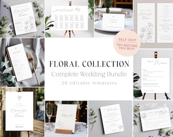 Collezione di matrimoni floreali - Download di modelli di grandi pacchetti, inviti e set di cancelleria, modificabili, stampabili, minimalisti