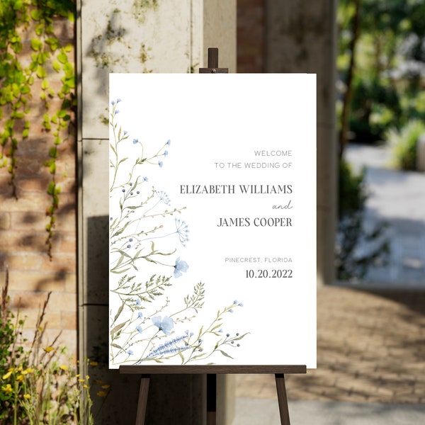 Wedding Welcome Sign - Blue Floral Collection - Vertical and Horizontal Templates, Editable, Printable - full matching collection available
