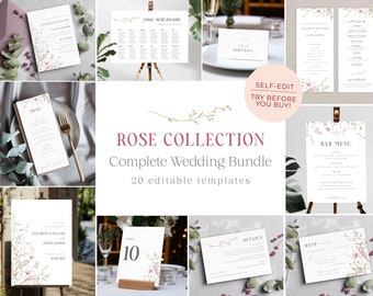 Collezione di matrimoni floreali di rose - Download di modelli di grandi pacchetti, inviti e set di cancelleria, modificabile, stampabile, primavera