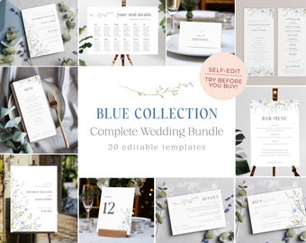 Collezione matrimonio floreale blu - Scarica modello pacchetto grande, invito e set fisso, modificabile, stampabile, tema primaverile