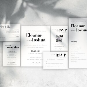Pu&ograve; includere: Set di inviti di nozze con testo nero su cartoncino bianco. Le carte includono dettagli sulla cerimonia e sul ricevimento, informazioni RSVP e un codice QR. I nomi Eleanor e Joshua sono in evidenza.