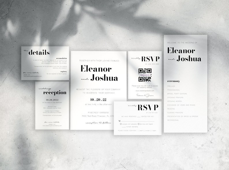 Pu&ograve; includere: Set di inviti di nozze con testo nero su cartoncino bianco. Le carte includono dettagli sulla cerimonia e sul ricevimento, informazioni RSVP e un codice QR. I nomi Eleanor e Joshua sono in evidenza.