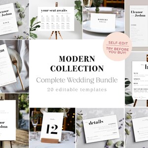 Pu&ograve; includere: Una collezione di 20 modelli di matrimonio modificabili in stile moderno. I modelli includono un piano di posti a sedere, un menu, un menu del bar, una carta RSVP, una carta dei dettagli e delle carte con il numero del tavolo. I modelli sono tutti bianchi con testo nero e sono progettati per essere facilmente personalizzati.