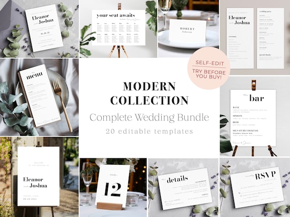 Modern Wedding Collection - Large Bundle, Invitation and Stationary Set Template Download, Editable, Printable, Minimalist