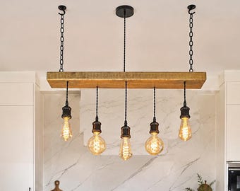 Rustic Wooden Beam Chandelier, Farmhouse Kitchen Island Lighting, Dining Room Pendant Light