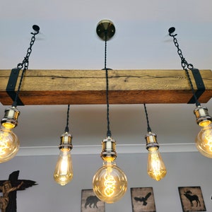 Oak Rustic Wooden Beam Chandelier – Industrial Ceiling Pendant Light for Kitchen Island & Dining Table