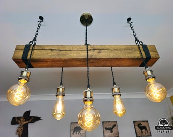 Lampadario con trave in legno di quercia Lampada a sospensione industriale in legno rustico