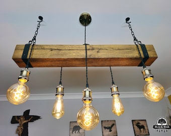 Oak Rustic Wooden Beam Chandelier – Industrial Ceiling Pendant Light for Kitchen Island & Dining Table