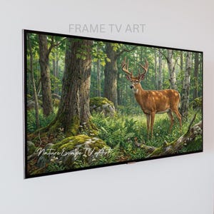 May include: A framed TV art piece depicting a forest scene with a deer. The artwork shows a brown deer with antlers in a green forest with tall trees and mossy rocks. The text "FRAME TV ART" and "Nature Escape TV Art" are visible on the image.