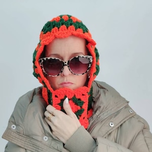 Womens balaclava, womens knitted winter hat, womens crochet helmet, womens orange green handmade winter hat, head mask image 1