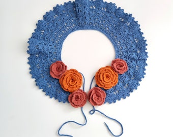 Vintage collar, handmade blue jeans chocker, crochet roses collar, retro roses collar, womens collar, womens vintage crochet collar