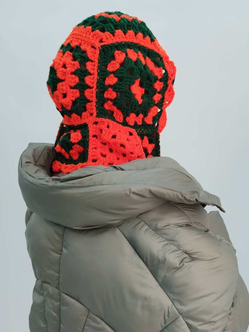 Womens balaclava, womens knitted winter hat, womens crochet helmet, womens orange green handmade winter hat, head mask image 8