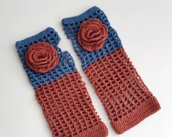 Vintage womens gloves, retro roses gloves, crochet retro vintage blue jeans/ copper gloves, crochet accessories