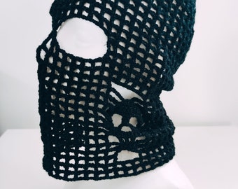 Cagoule de crâne, cagoule en filet noir/argent faite à la main, masque au crochet, masque de femme crâne, masque pour homme crâne, masque en filet fait main, masque de style