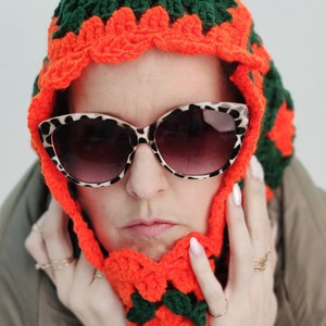 Womens balaclava, womens knitted winter hat, womens crochet helmet, womens orange green handmade winter hat, head mask image 3